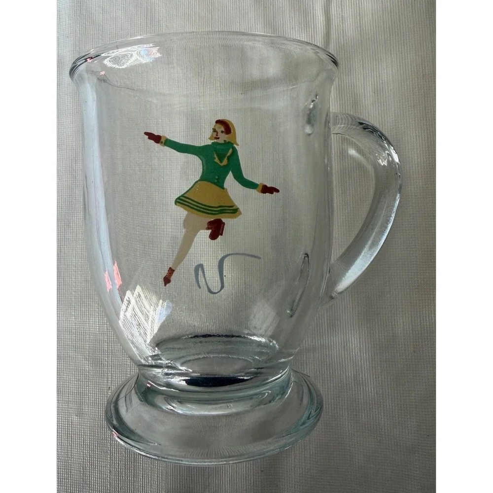 Vintage 3 Glass Footed Mugs Winter Ski Snowboard Sled Dancers‎ Williams Sonoma